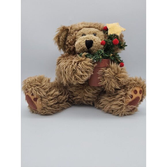 Holiday Stuffed Teddy Bear Holding Christmas Tree in Terracotta Pot Fluffy Bear - Picture 12 of 12